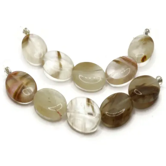 5 20mm Clear Quartz Glass with Brown Lines Flat Oval Beads {3}