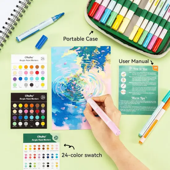 Ohuhu Acrylic Paint Markers 48 PCS 24 Colors Double Pack of Fine Tip & Reversible Tips (Chisel & Round) Acrylic Markers High Opacity Paint Pens for Rock Painting Easter Egg Wood Glass Ceramic Canvas {5}