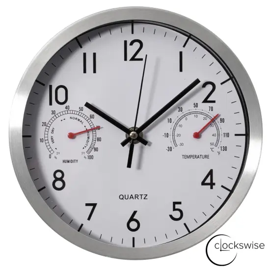 Clockswise Non-Ticking Quartz Wall Clock with Thermometer & Hygrometer - Battery Operated Aluminum Analog Clock for Temperature & Humidity Monitoring - Ideal for Home, Office or School, Silver {1}
