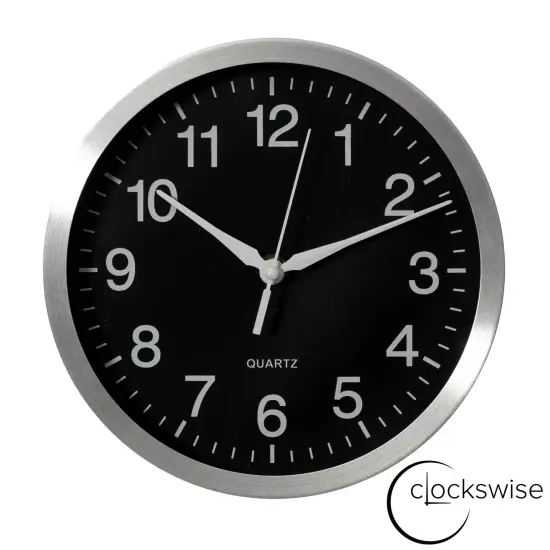 Clockswise Round Quartz Wall Clock Non-Ticking Battery Operated with Silent Sweep Movement, Aluminum Silver Frame, Perfect for Home Kitchen Office Living Room Study Hallway Classroom, Black Face {7}