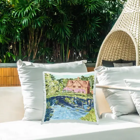Floral Cottage & Lake Design by Melissa Wang Outdoor Printed Pillow  {2}