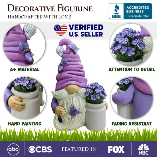 Garden Grace Lavender Gnome Figurine, 10"Purple Home Decor Statue with Butterflies and Flowers {2}