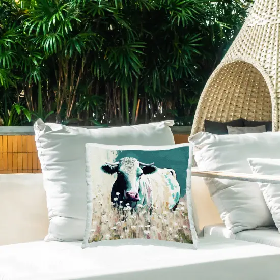 Modern Cow in Meadow Design by Seven Trees Design Outdoor Printed Pillow {2}