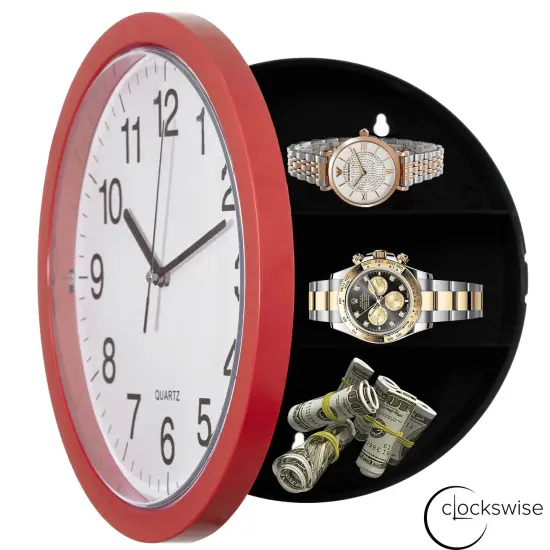 Wall Mounted Plastic Clock with Hidden Storage Door - Secret Interior Compartment, Hidden Safe for Storing Valuables Red {1}