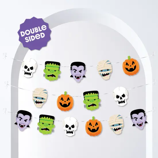 Big Dot of Happiness Halloween Monsters Garland Banner, 30 Feet of Cord, 15 Paper Skeleton, Dracula, Frankenstein, Mummy, and Jack-O'-Lantern Shapes {3}