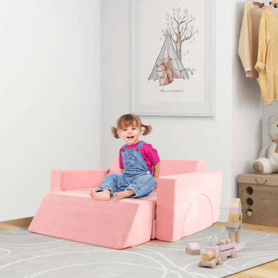 Costway Kids Modular Play Sofa 8 PCS with Detachable Cover for Playroom & Bedroom Indoor Pink/Grey {9}