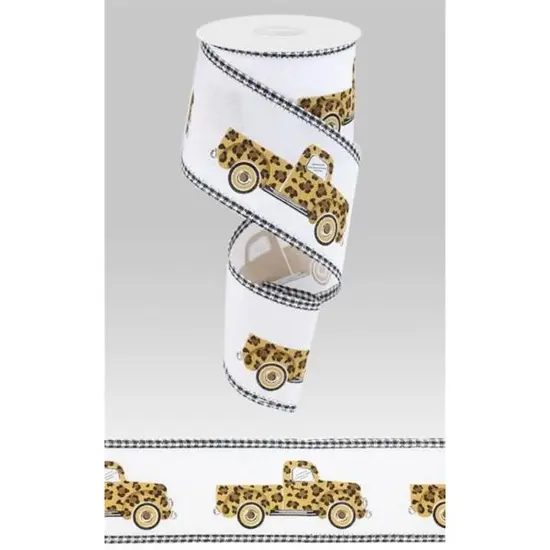 2.5" Leopard Truck Gingham Edge Ribbon: White (10 Yards) {3}