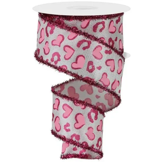 2.5" Heart Leopard Tinsel Edge Ribbon: White (10 Yards) {1}