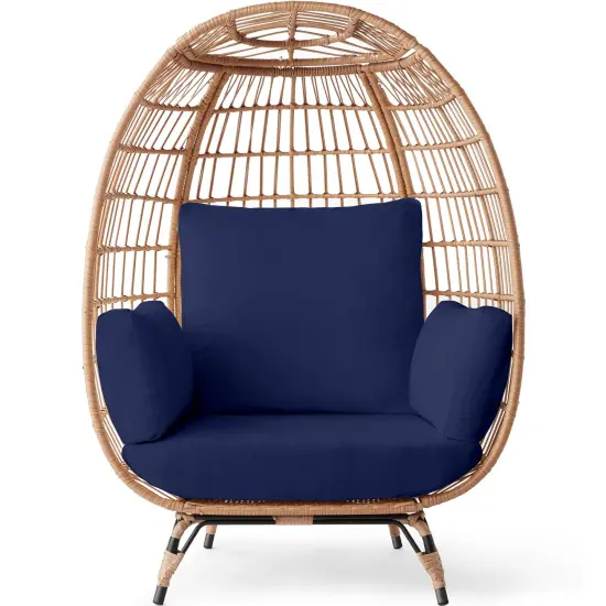 Best Choice Products Wicker Egg Chair Oversized Indoor Outdoor Patio Lounger w/ Steel Frame, 440lb Capacity Navy {1}