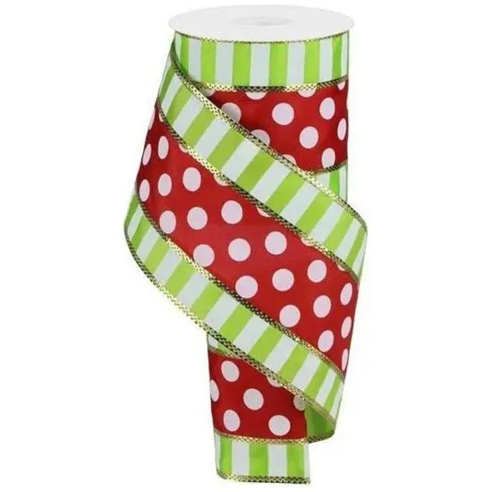4" Striped Edge Polka Dot Ribbon: Red, Lime & White (10 Yards) {1}