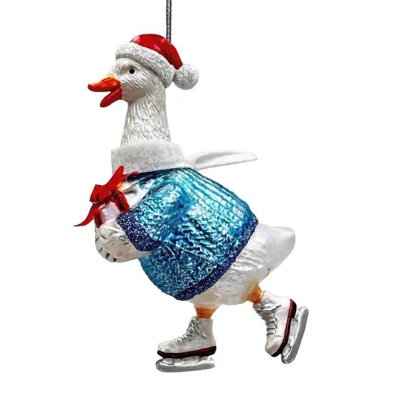 Playful Goose in Skates Glass Christmas Ornament, Whimsical Cute Duck Tree Decor {1}