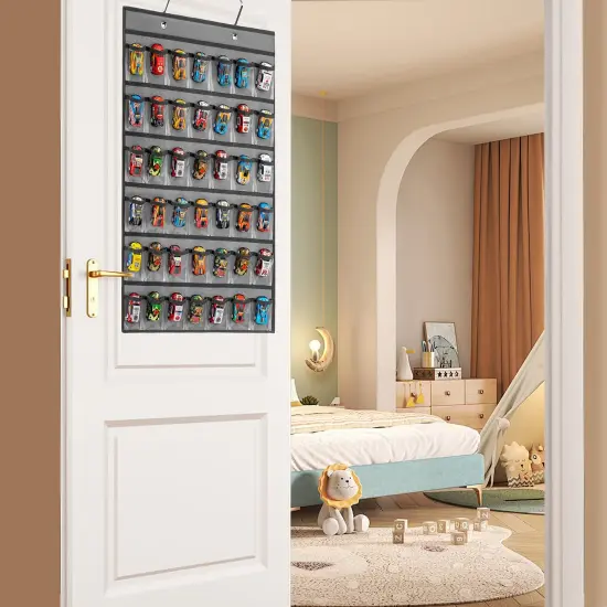 Toy Car Storage Organizer Hanging Toy Wheels Cars Holder Matchbox Cars Display Case with 42 Clear Pockets (One Side-Grey) {6}