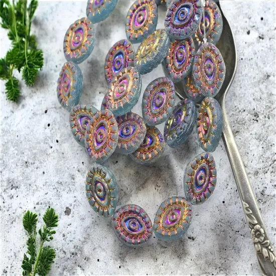 *10* 14x11mm Metallic Volcano Washed Matte Translucent Blue Aqua Mystic Eye Beads {1}