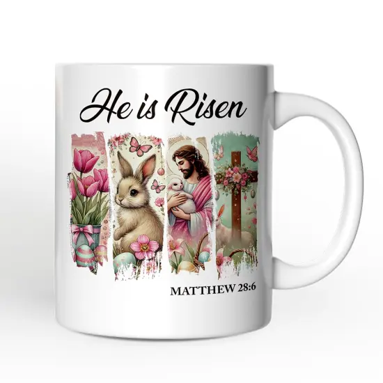 He Is Risen Easter Jesus Mug, Matthew 28:6 Christian Gift {3}