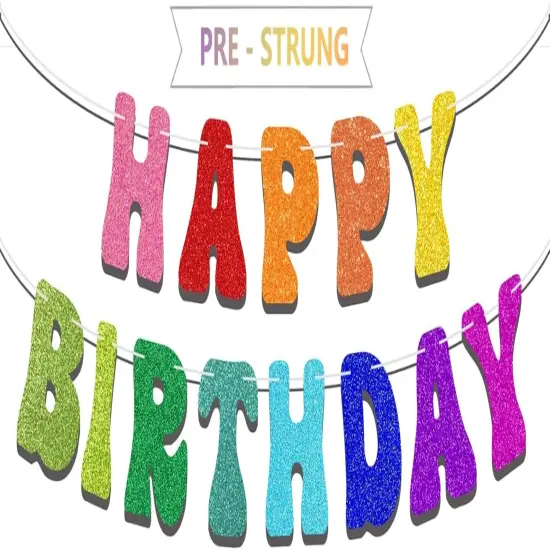 Pre-Strung Rainbow Happy Birthday Banner - NO DIY - Colorful Rainbow Party Banner Decorations, Glitter Birthday Party Garland {1}