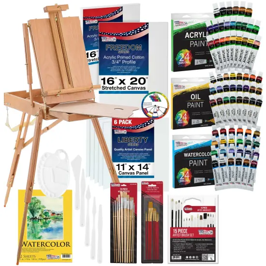 U.S. Art Supply 121-Piece Custom Artist Painting Set, Field Sketch Box Easel, 72 Paint Colors, 24 Acrylic, 24 Oil, 24 Watercolor 8 Canvases 32 Brushes {1}