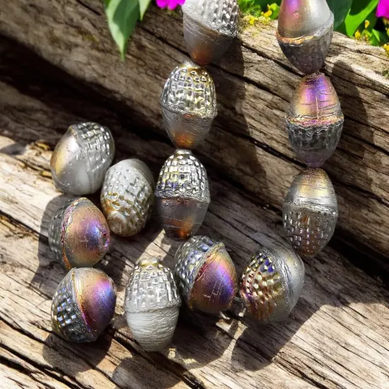 *8* 10x12mm Silver Washed White VolcanoAcorn Oval Beads {1}