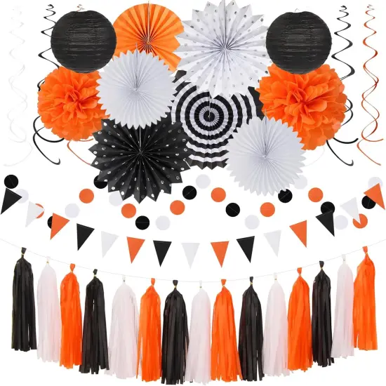 Black White Orange Halloween Party-Decorations - 33pcs Birthday Banner,Streamers Tassel Garland,Paper Lantern Fans,Tissue Pom Poms,Bachelorette Baby Bridal Shower Graduations Backdrop Decor {1}