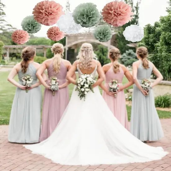 Sage Green Dusty Pink Boho Tissue Pom Poms Pastel Paper Flowers Backdrop for Baby Shower Wedding Bridal Shower Birthday Nursery Wall Hanging D&eacute;cor, Large 12" &10" Pom Pom Decorations {3}
