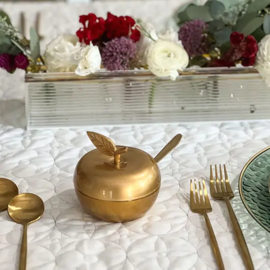 Enamel Apple Shaped Honey Dish White/Gold {4}