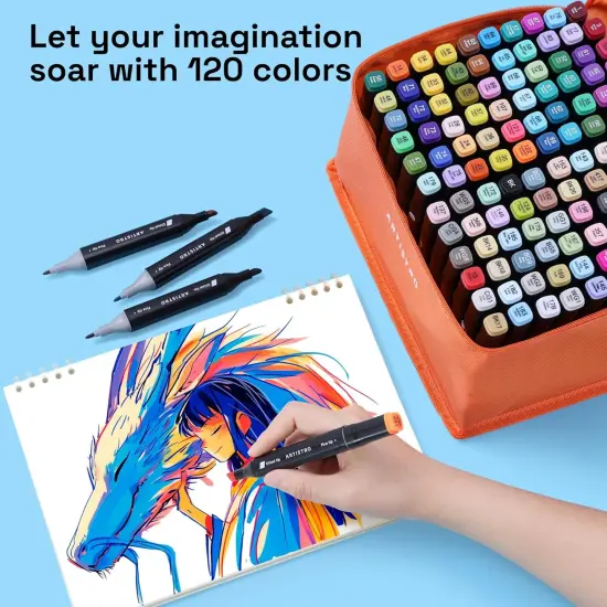 120 Dual-Tip Alcohol Markers - Alcohol-Based Pens Set, Chisel + Fine Tip, Quick Dry, Carrying Case Included {5}