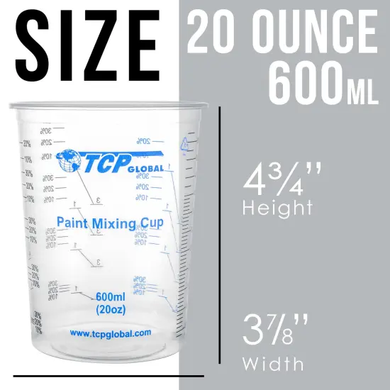 TCP Global 20 Ounce (600ml) Disposable Flexible Clear Graduated Plastic Mixing Cups - Box of 50 Cups & 50 Mixing Sticks - Use for Paint, Resin, Epoxy {3}