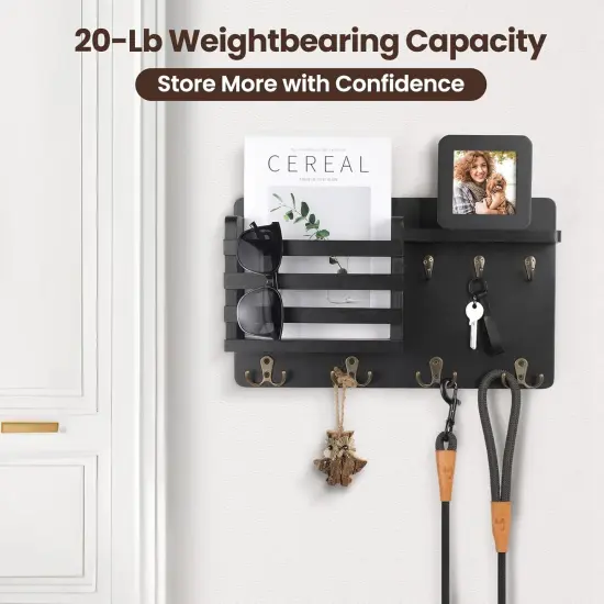 Mail Holder for Wall Mail Organizer with Key Hooks Hallway Farmhouse Decor Letter Sorter Made of Natural Wood with Floating Shelf and Flush Mount Hardware (16.8Inch x 10Inch x 3.2Inch) {4}