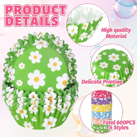 600Pcs Colorful Daisy Flower Cupcake Liners Christmas Rainbow Color Cupcake Wrappers Baking Cup Boho Groovy Hippie Party Muffin Liners for Spring Summer Baby Shower Wedding Birthday Party {3}