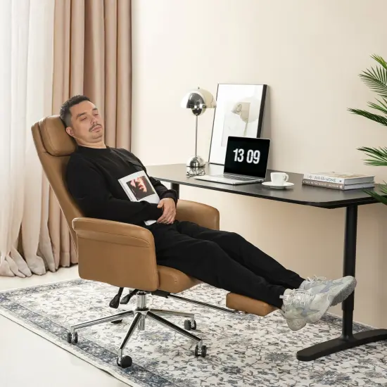 Modern Deluxe Faux Leather Gaslift Adjustable Swivel High Back Office Chair with Footrest and Armrest Ivory {7}