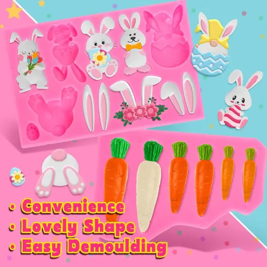 2Pcs Easter Fondant Molds Cute Bunny Pattern 3D Silicone Moulds Assorted Rabbit Carrots Flowers Resin Molds Easter Cupcake Cookie Baking Decorating Moulds for Spring Holiday Party DIY Candy {3}