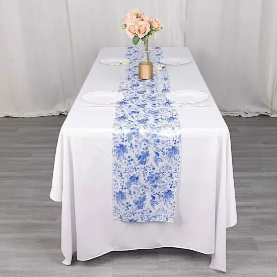 White 12x108 in Satin TABLE RUNNER Blue Floral Design Party Events Decorations {3}