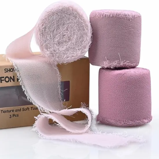 3 Rolls Dusty Rose Handmade Fringe Chiffon Ribbon 1.5 Inch x 7 Yard Silk-Like Ribbon Colorful Rustic Ribbon for Bouquets Wrapping Decor Wedding Invitation Accessories {1}