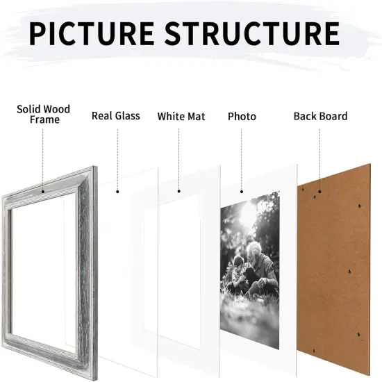 8x10 Rustic White Wood Picture Frame with Mat for 5x7, Weathered Solid Wood Frame with Real Glass {5}