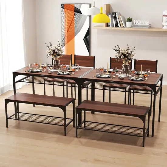 Costway Dining Table Set for 4 Rectangular Table with 2 Chairs, 1 Bench, Storage Racks Rustic Brown/Gray/Brown {6}