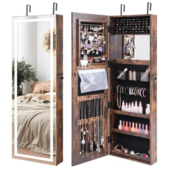 Costway Door Wall Mount Touch Screen LED Light Mirrored Jewelry Cabinet Storage White/Coffee/Black {1}