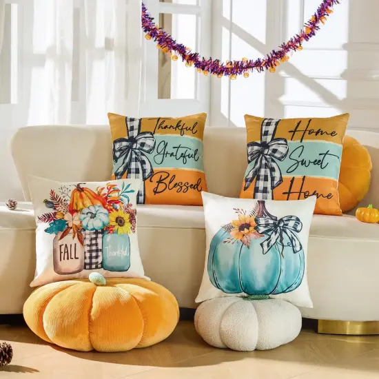 Fall Decorations for Home-Throw Pillow Covers 18x18 in Set of 4,Pumpkin Linen Pillow Case for Thanksgiving Couch Autumn Holiday Outdoor Burnt Orange Blue White Decor {2}