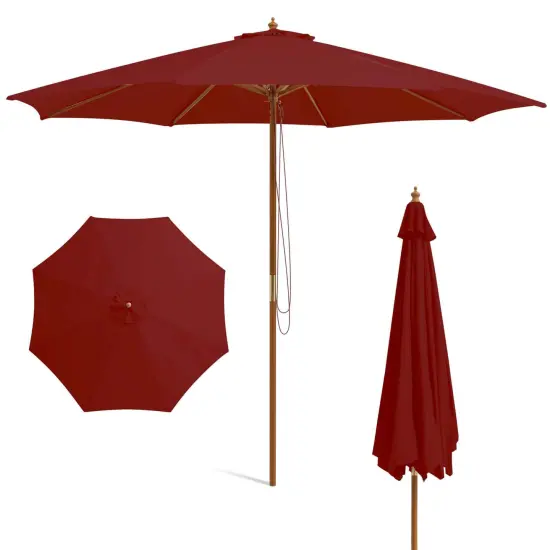 Costway 10FT Patio Wooden Market Table Umbrella Pulley with 8 Bamboo Ribs Sunshade Canopy Coffee/Gray/Navy/Wine/Beige {1}