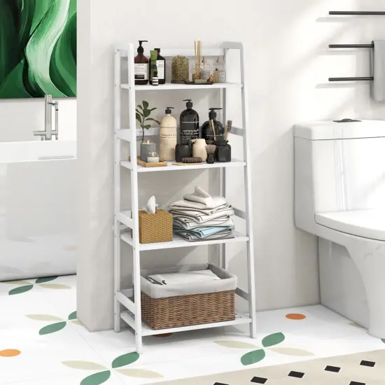 Costway Multifunctional 4 Shelf Bamboo Bookcase Ladder Plant Flower Stand Rack Storage White/Natural {4}