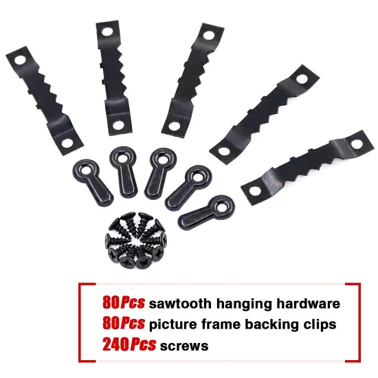 160Pcs Picture Hangers Kit, Including 80Pcs Black Sawtooth Picture Frame Hanging Hangers Double Hole and 80Pcs Photo Frame Turn Button with Screws Perfect for Home Decoration - Black {5}