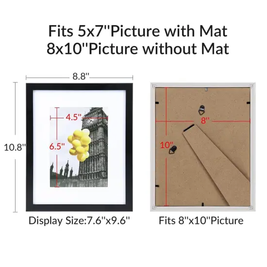 8x10 Picture Frame Set of 6, Display Pictures 5x7 with Mat or 8x10 Without Mat for Tabletop Display and Wall Mounting, Black {6}