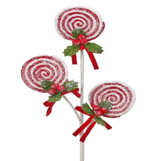 25" Lollipop with Pompom Holly Spray &ndash; Festive Christmas Floral Pick {1}