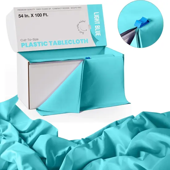 Exquisite Party Solids 54" x 100' Plastic Table Cover Roll with Slide Cutter &ndash; Cut-to-Size Dispenser Box &ndash; Makes Up to 36 Disposable 8' Rectangle Tablecloths Light Blue {3}