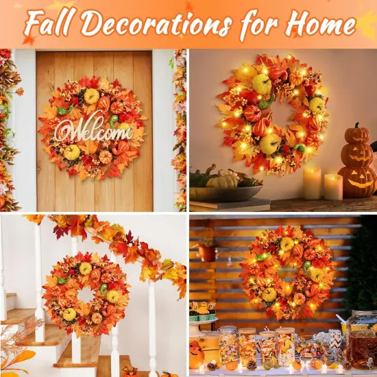 Pumpkin Fall Wreath Maple Leaves Welcome Sign w/ Lights {3}