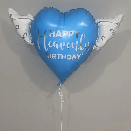 Blue Happy Heavenly Birthday Heart Balloon with Angel Wings {2}