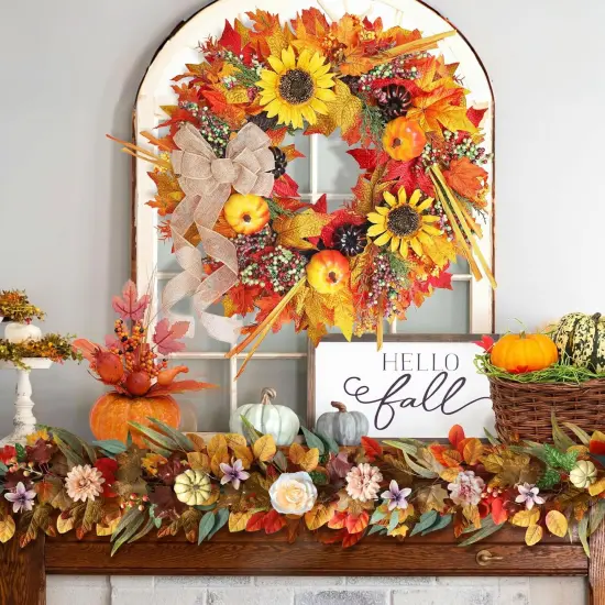 Fall Sunflower Wreaths with Pumpkins Maple Leaves Bows {3}