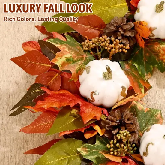 20 Inch Fall Wreaths for Front Door with White Gilded Pumpkins {4}