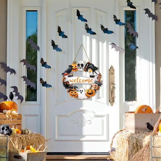 Halloween Wood Wreath Ghost Black Cat Pumpkin Skull {2}