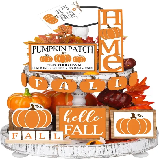 3 Pcs Fall Tiered Tray Decor Set - Autumn Harvest Wooden Sign (Pumpkin Style) {1}