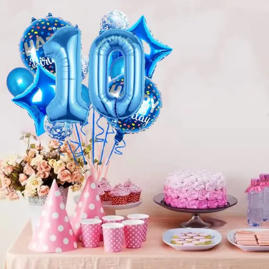 11 pcs Foil Balloons 10 Year Old for 10st Birthday Party Supplies Decoration (10th, Blue) {2}