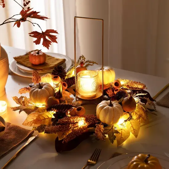 Silk Maple Leaves Wreath with Lights White Pumpkins Berries - Fall {2}